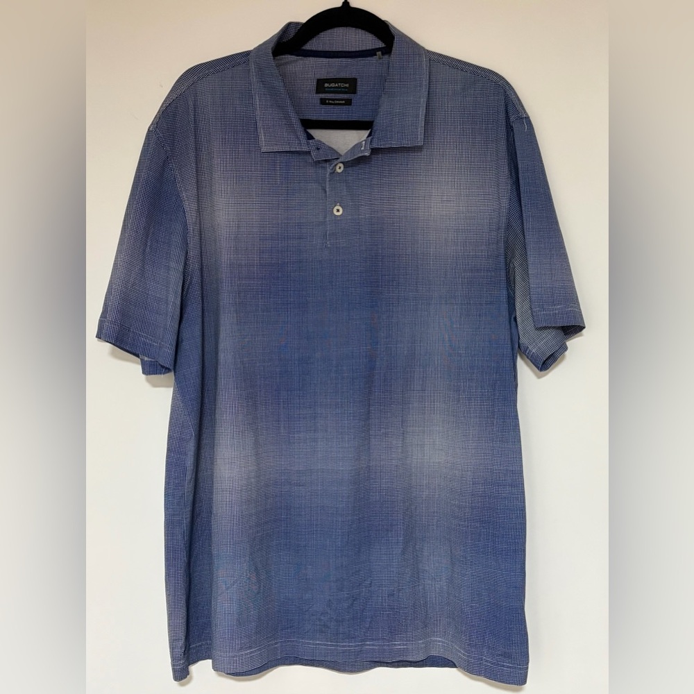Men’s Bugatchi Cotton Tech Blue White Geometric Gradient Print Polo Shirt Sz XL
